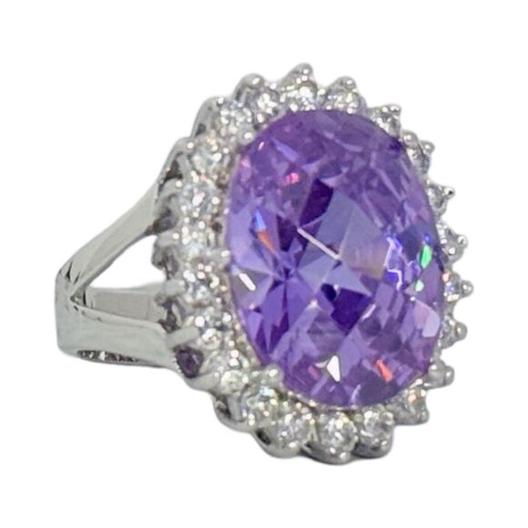 Large  Purple Crystal 925 Sterling Silver Cocktail Ring Sz 8 Statement Bold - Picture 9 of 16